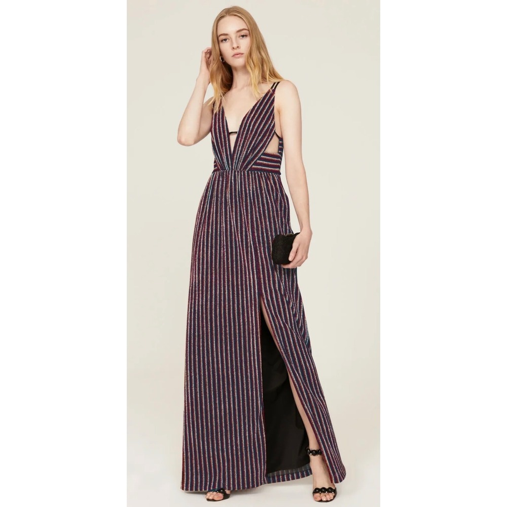 Aidan by Aidan Mattox Metallic Stripe V-Neck Maxi Gown Dress Size 10 Multicolor